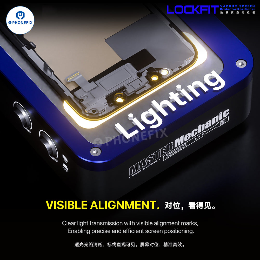 PHONEFIX Mechanic LockFit Vacuum Phone Screen Protector Positioner for precise screen repair alignment, shown in use.