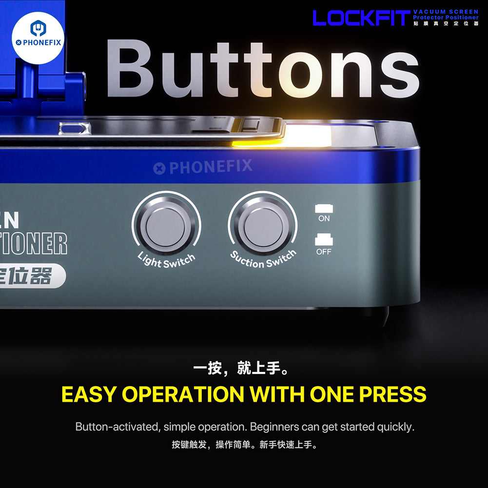 PHONEFIX LockFit Vacuum Phone Screen Protector Positioner for precise alignment during screen repairs, shown in use with repair tools.