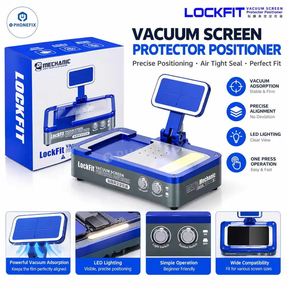 PHONEFIX LockFit Vacuum Phone Screen Protector Positioner used for precise alignment during screen repairs.