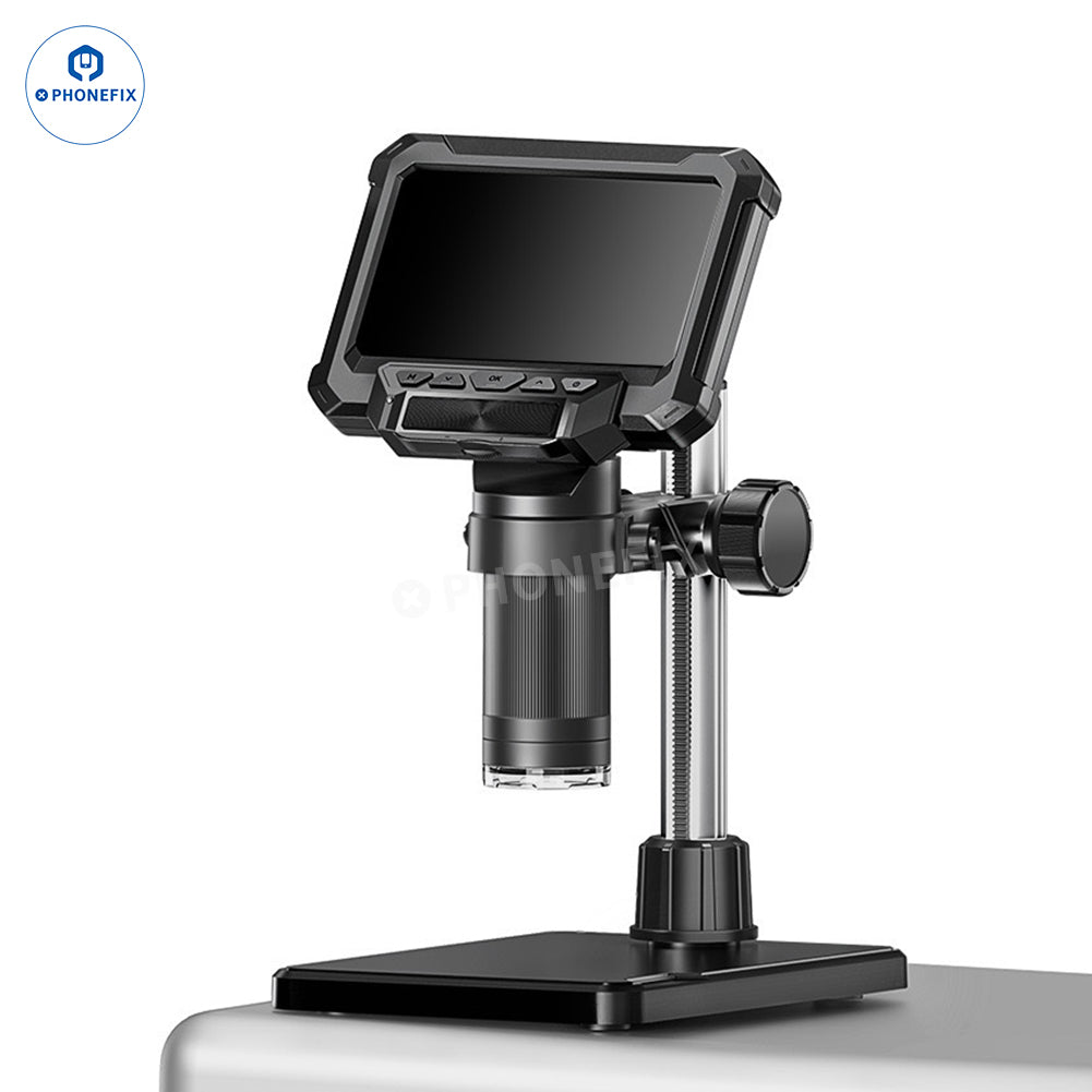 4.3 inch LCD digital USB microscope from PHONEFIX showing detailed view of PCB for soldering and repair work.