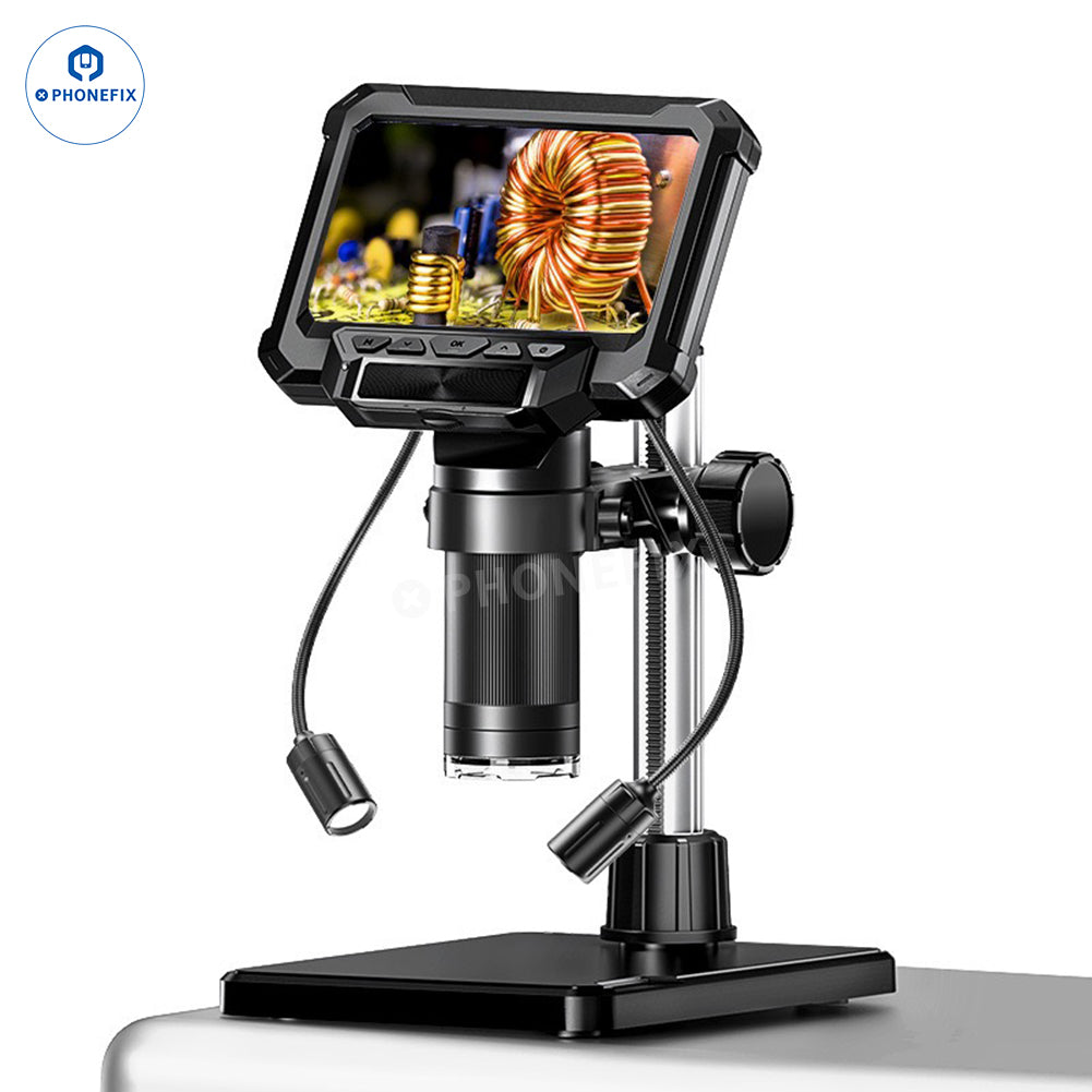 4.3 inch LCD digital USB microscope by PHONEFIX showing PCB soldering repair, with attached extra light for detailed inspection.