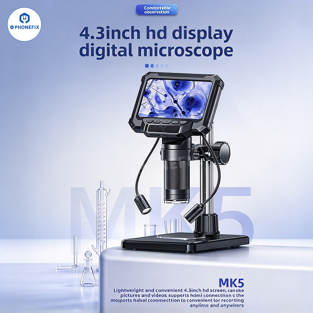 4.3 inch LCD digital USB microscope for PCB soldering repair, electric microscope by PHONEFIX with high-resolution screen.