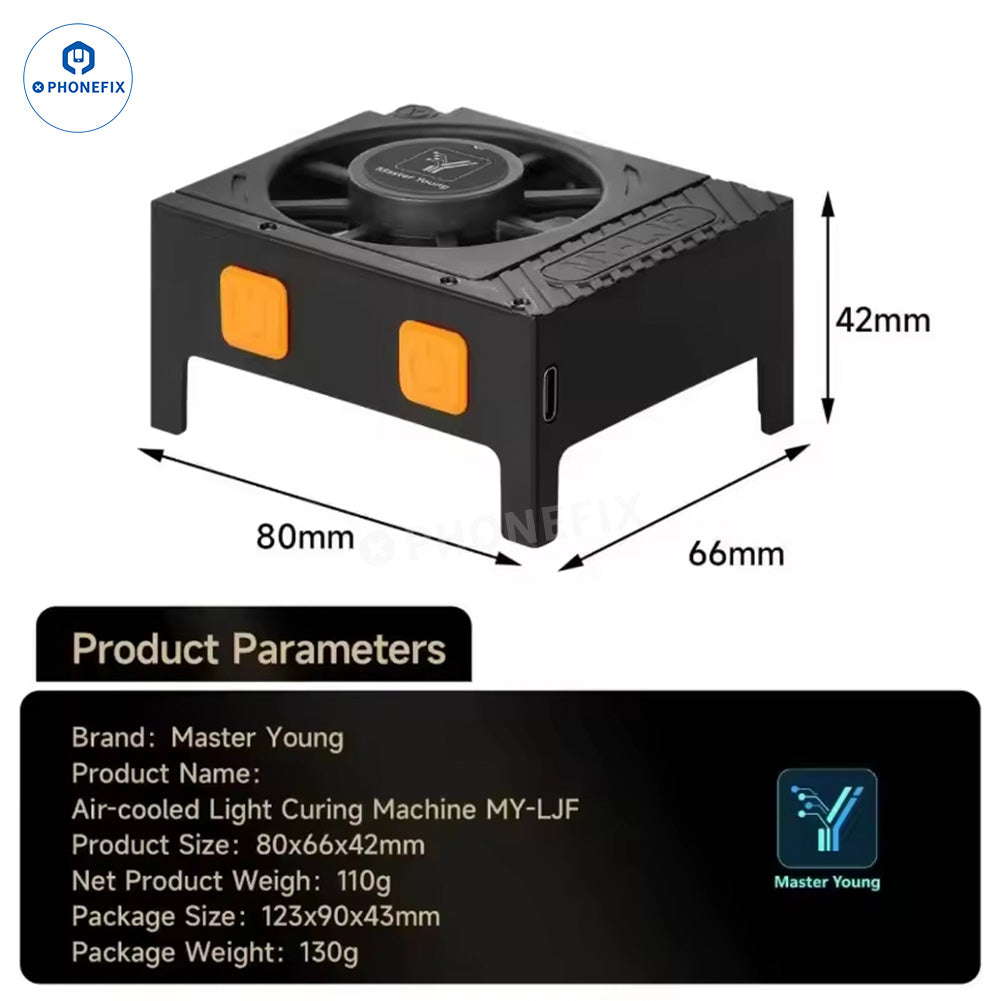 PhoneFix M.Y LJF UV curing cooling fan smoke extractor for phone repair, with exhaust hose and adjustable airflow.