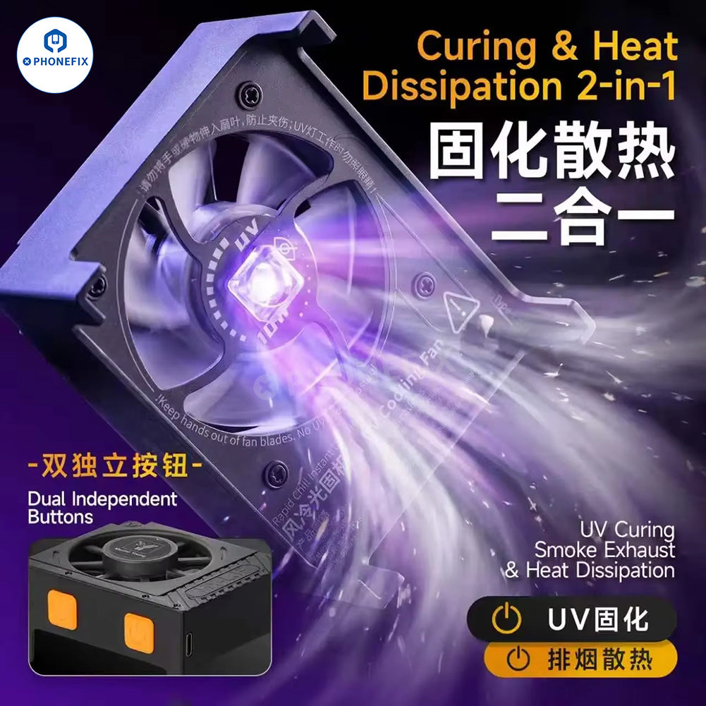 PHONEFIX M.Y LJF UV Curing Cooling Fan Smoke Exhaust for phone repair, showing compact smoke extractor with fan and filter system.
