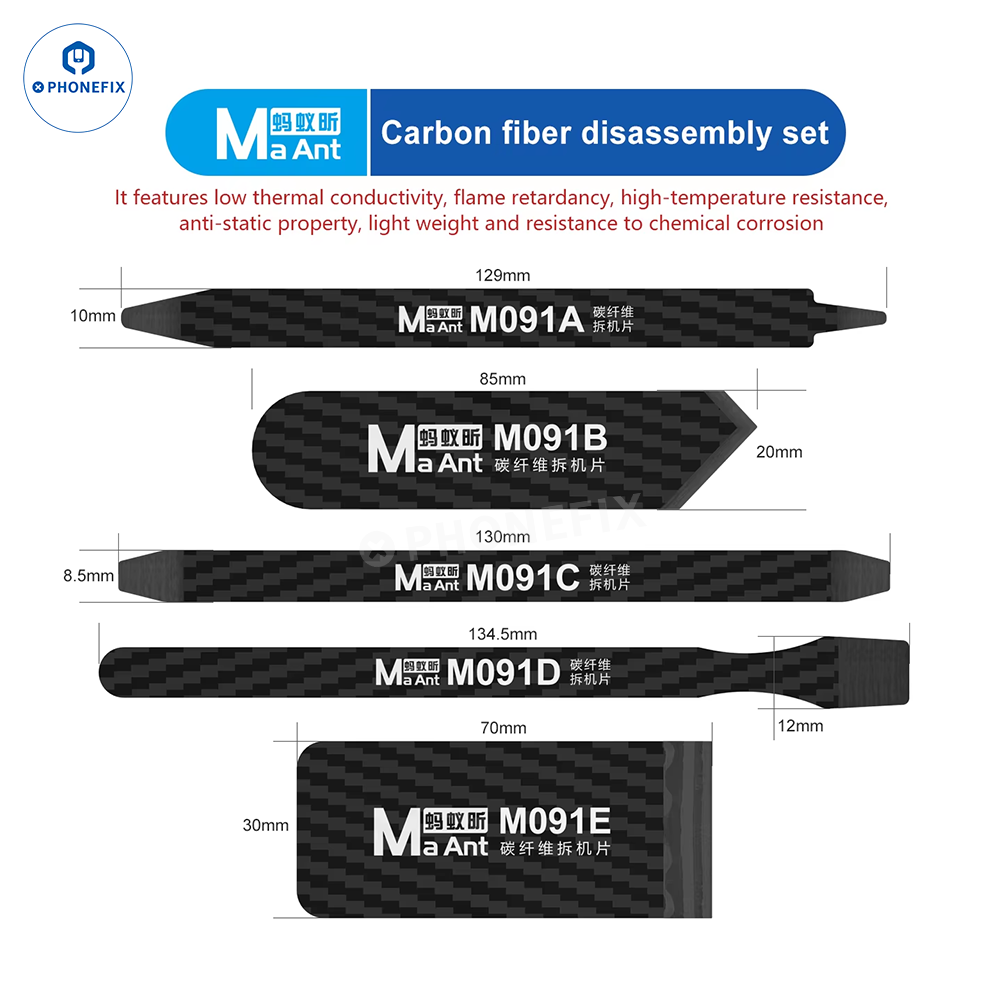 MaAnt M086 curved screen disassembly blade and carbon fiber sheet set for mobile LCD repair, from PHONEFIX.