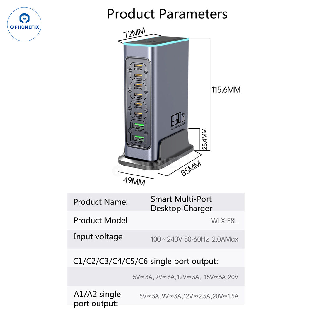 WLX-F8L 660W GaN 8-Port Fast Charger PD/QC3.0 Charging Station