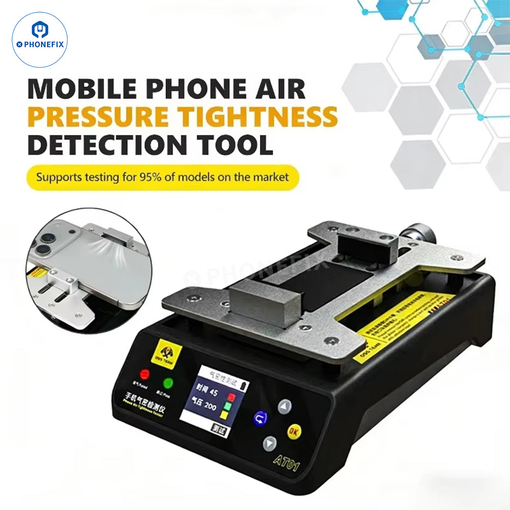 PhoneFIX OSS AT01 phone air tightness tester showing waterproof and leak detection features for electric power tools.