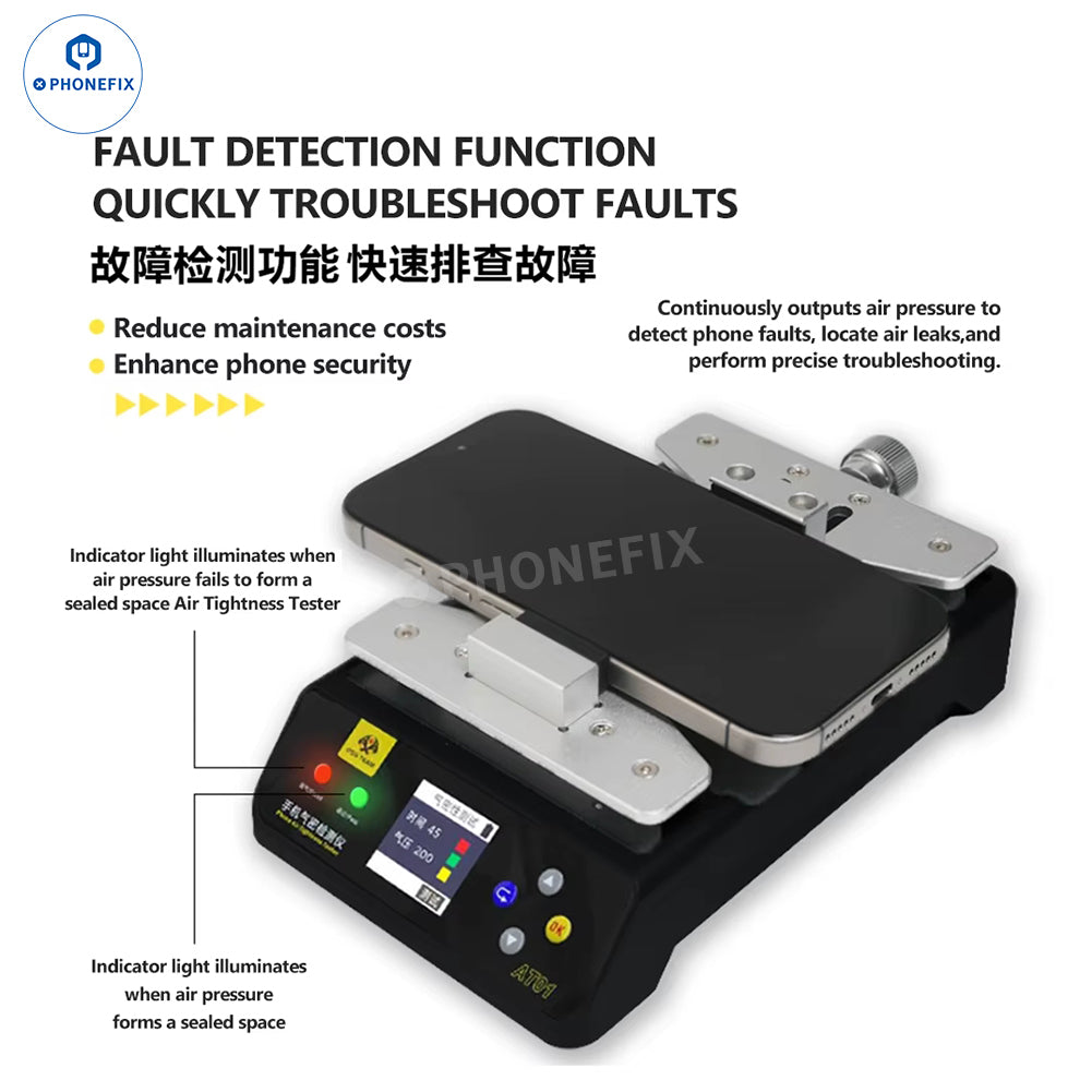 PhoneFix OSS AT01 Phone Air Tightness Tester, waterproof leak detection device for smartphones, electric power tool with digital display.
