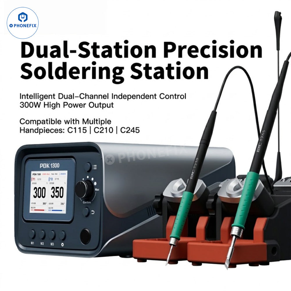 i2C PDK1300 dual-channel BGA soldering station by PHONEFIX with support for C115, C210, and C245 models, shown in the image.