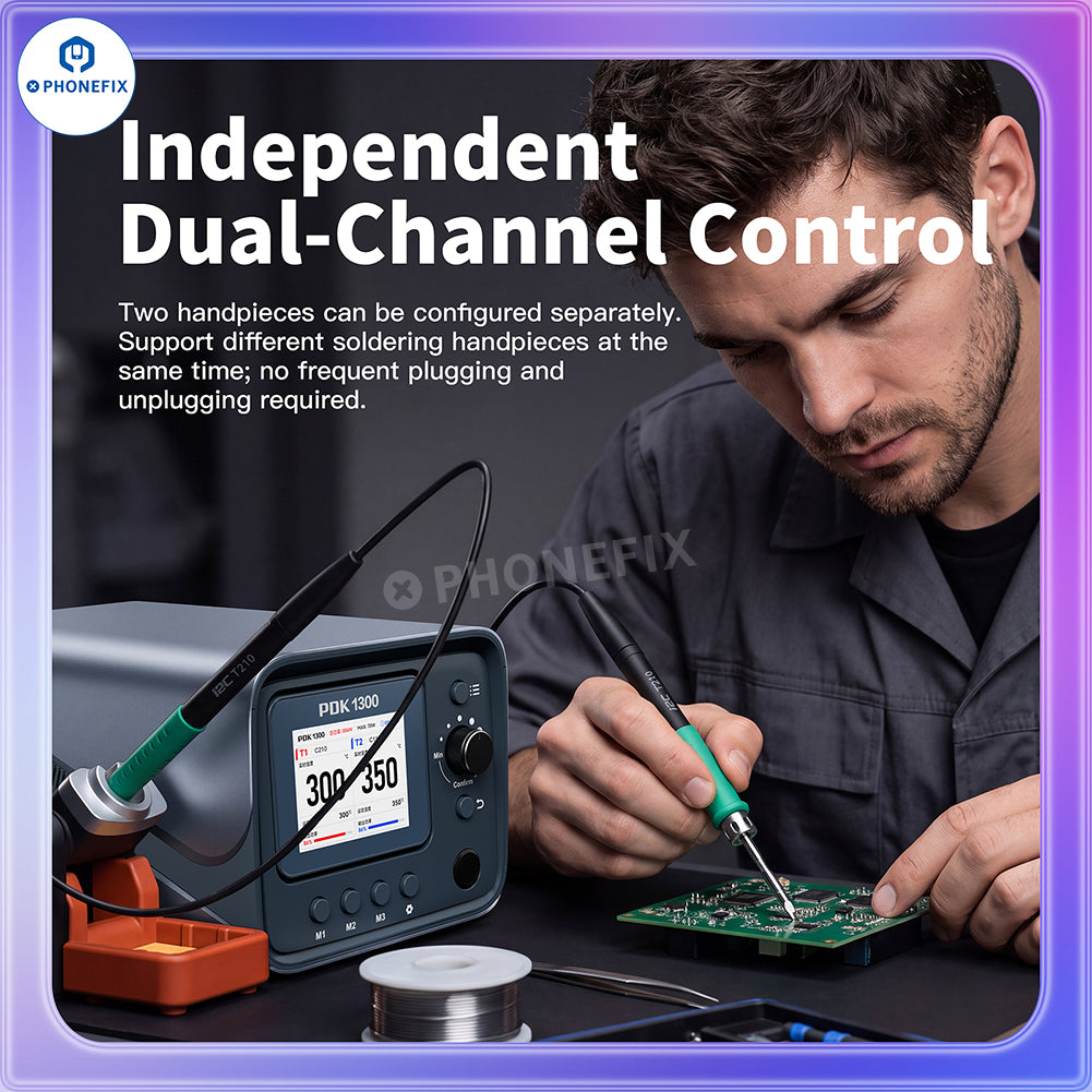 i2C PDK1300 dual-channel BGA soldering station by PHONEFIX with support for C115, C210, and C245 models, shown in the image.