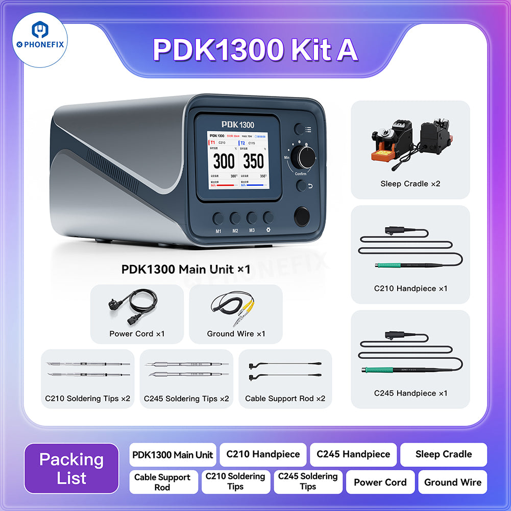 PHONEFIX i2C PDK1300 dual-channel BGA soldering station with C115, C210, and C245 support, shown with soldering tools and control unit