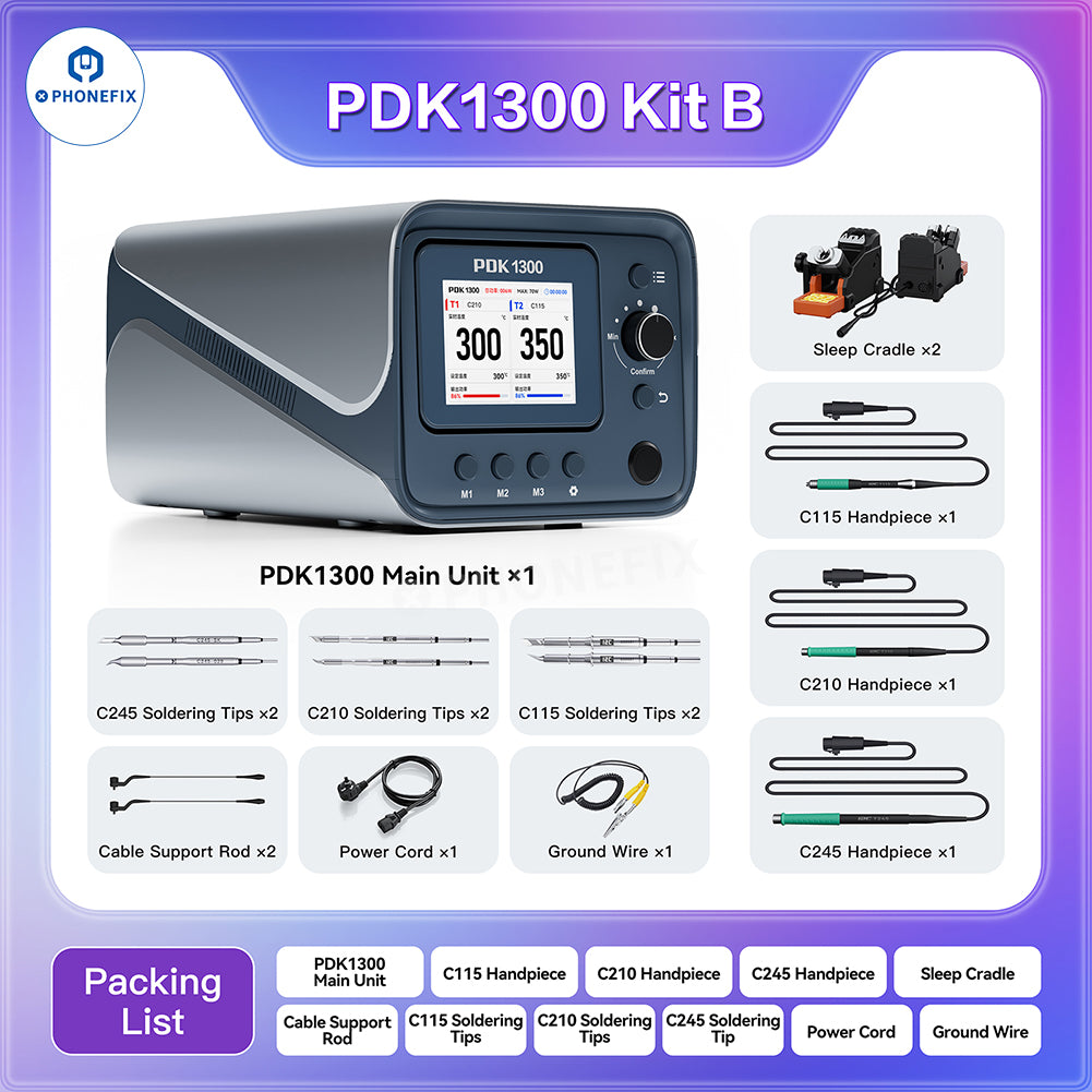 i2C PDK1300 dual-channel BGA soldering station by PHONEFIX with C115, C210, and C245 support, shown with tools and control unit.