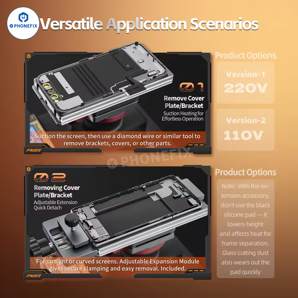 PHONEFIX QianLi PM86 PM361 phone screen frame and back cover separator for screen refurbishing machine in use.