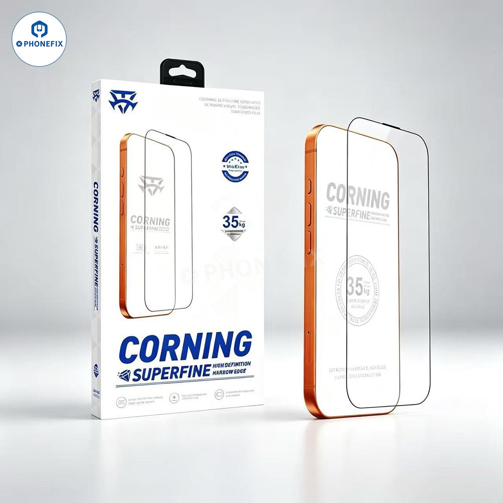 PHONEFIX Superfine Edge Corning 35KG tempered glass screen protector for iPhone 18 series, featuring privacy and high-definition clarity.