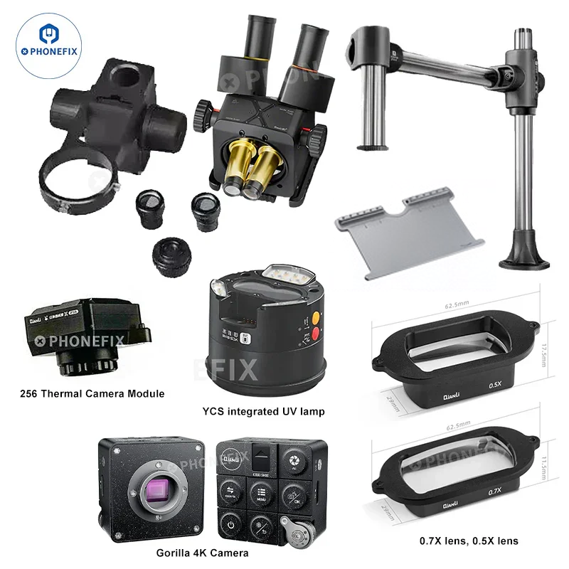 QianLi 6.5X-58X Gorilla Trinocular Microscope by PHONEFIX with camera attachment and full set accessories.