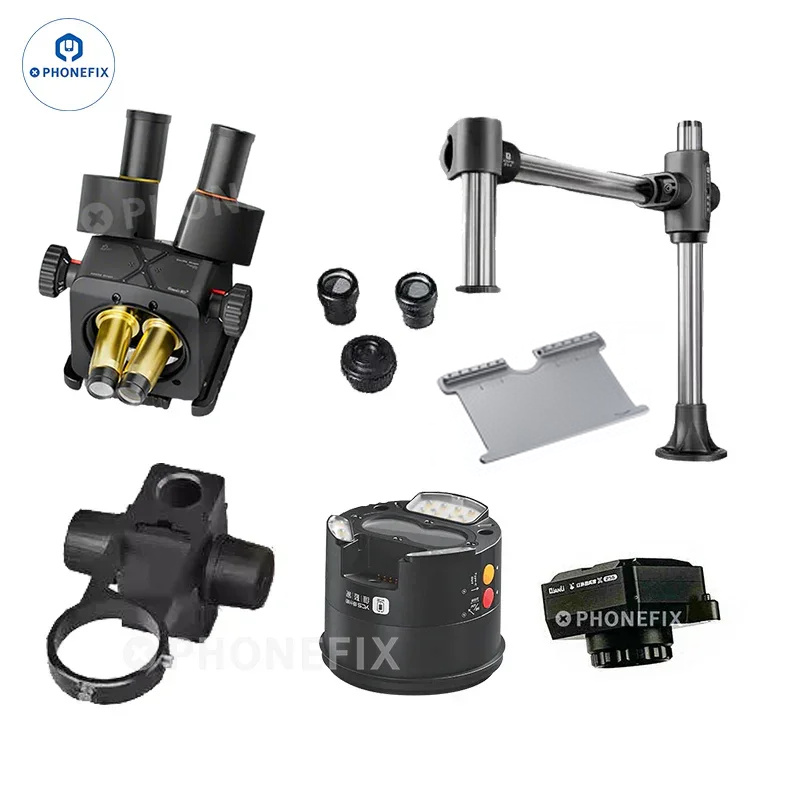 QianLi 6.5X-58X Gorilla Trinocular Microscope by PHONEFIX, featuring a thermal imaging camera and adjustable eyepiece for detailed viewing.
