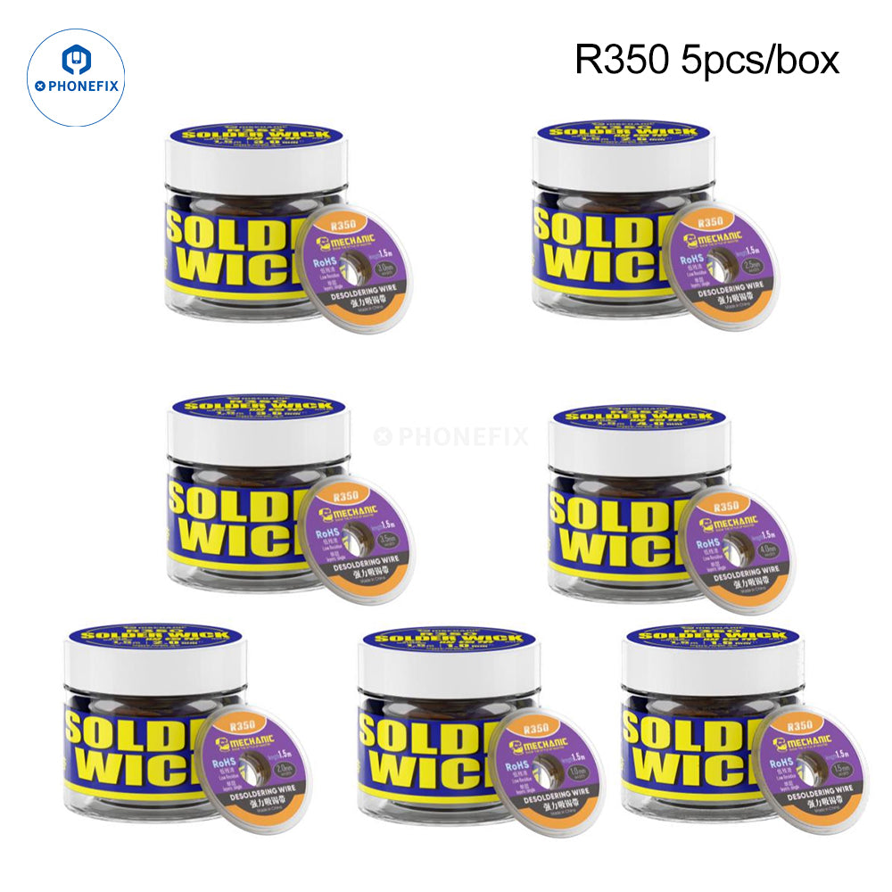 Box of five PHONEFIX MECHANIC R350 desoldering wick for phone BGA soldering and solder removal.