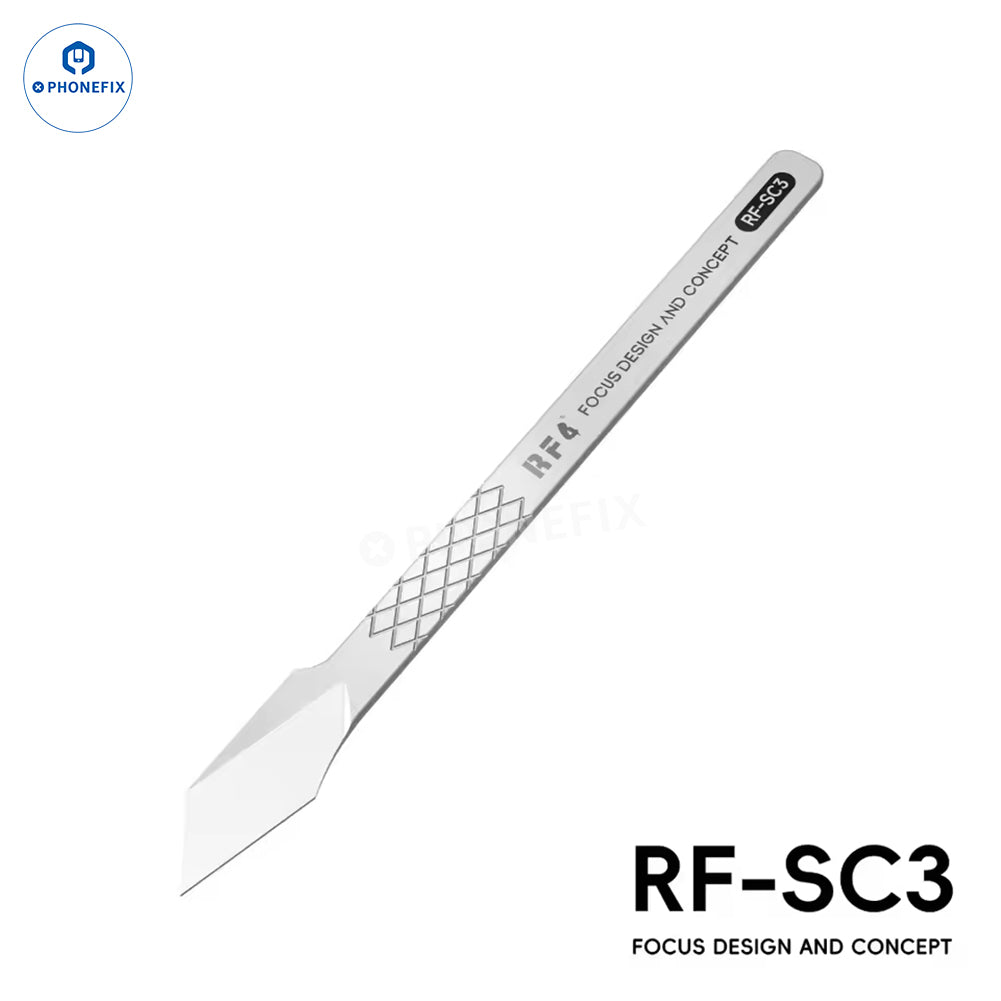 RF4 RF-SC3 dual-sided non-magnetic tin scraper for phone repair, universal hand tool by PHONEFIX, shown in use.