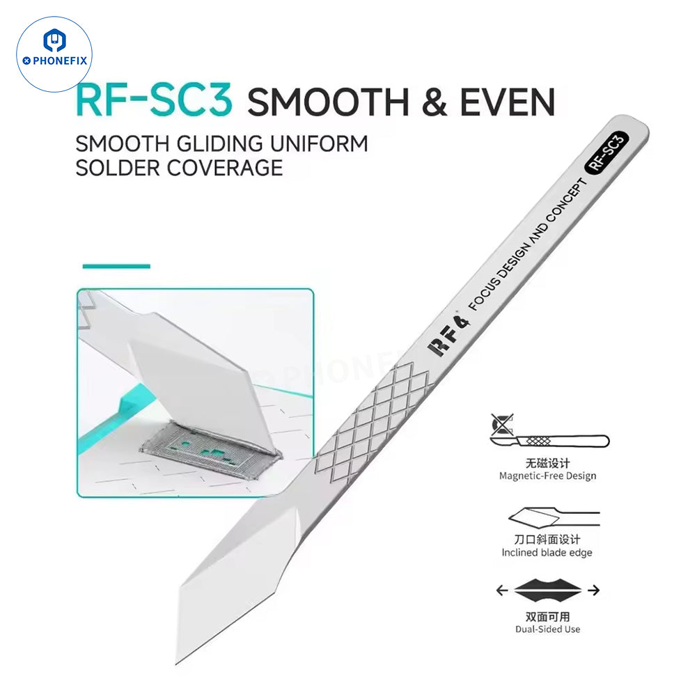 RF4 RF-SC3 dual-sided non-magnetic tin scraper by PHONEFIX, a universal hand tool for phone repair, shown in the image.