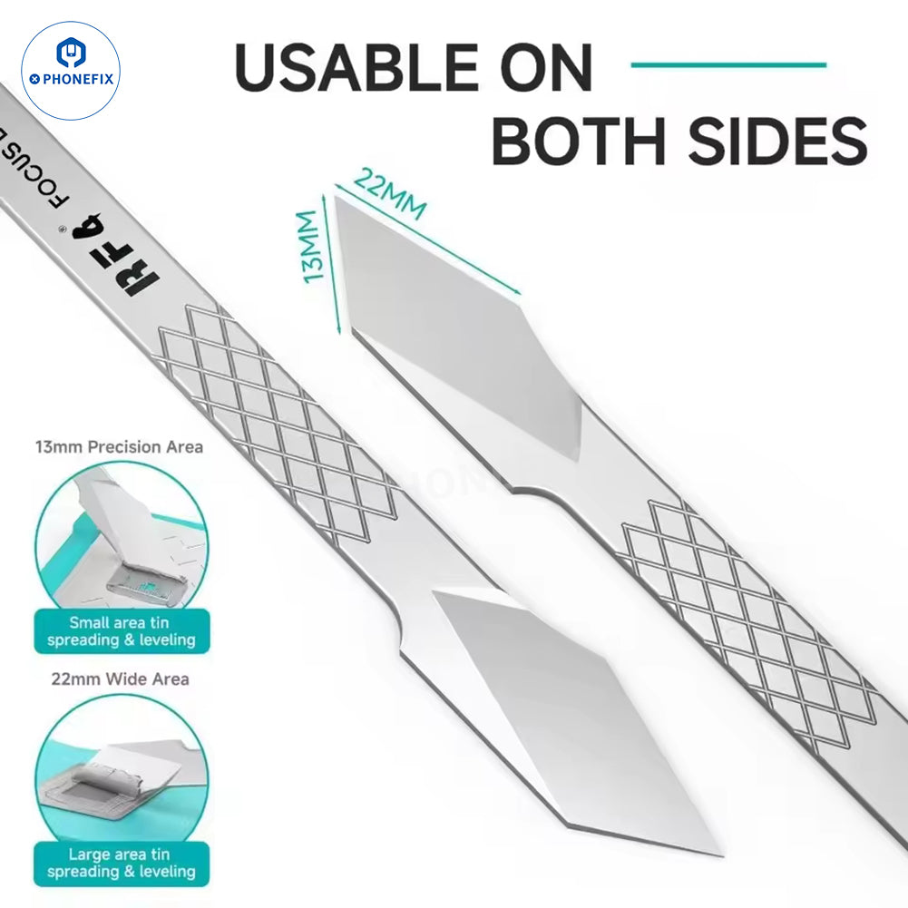 PHONEFIX RF4 RF-SC3 dual-sided non-magnetic tin scraper for phone repair, universal hand tool for precise screen and component removal.