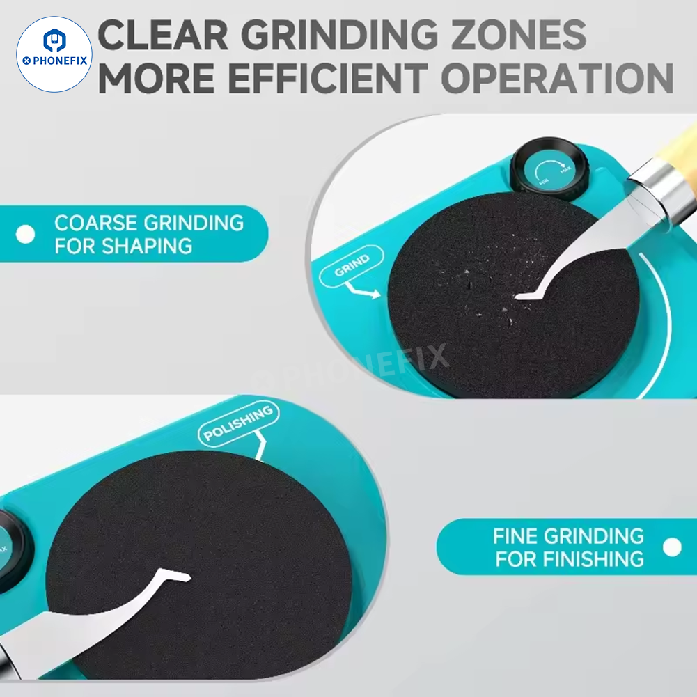Electric grinding machine for tweezers and blades by PHONEFIX, used for polishing and restoration of precision tools.