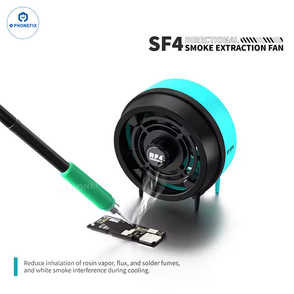 PhoneFix RF4 RF-SF4/UFO smoke exhaust fan for phone PCB soldering and repair, compact smoke fume extractor with cooling function.