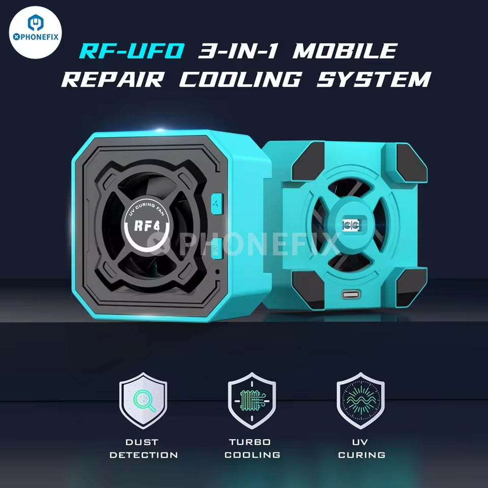 RF4 RF-SF4/UFO phone smoke exhaust and cooling fan by PHONEFIX, compact smoke fume extractor for PCB soldering repair.