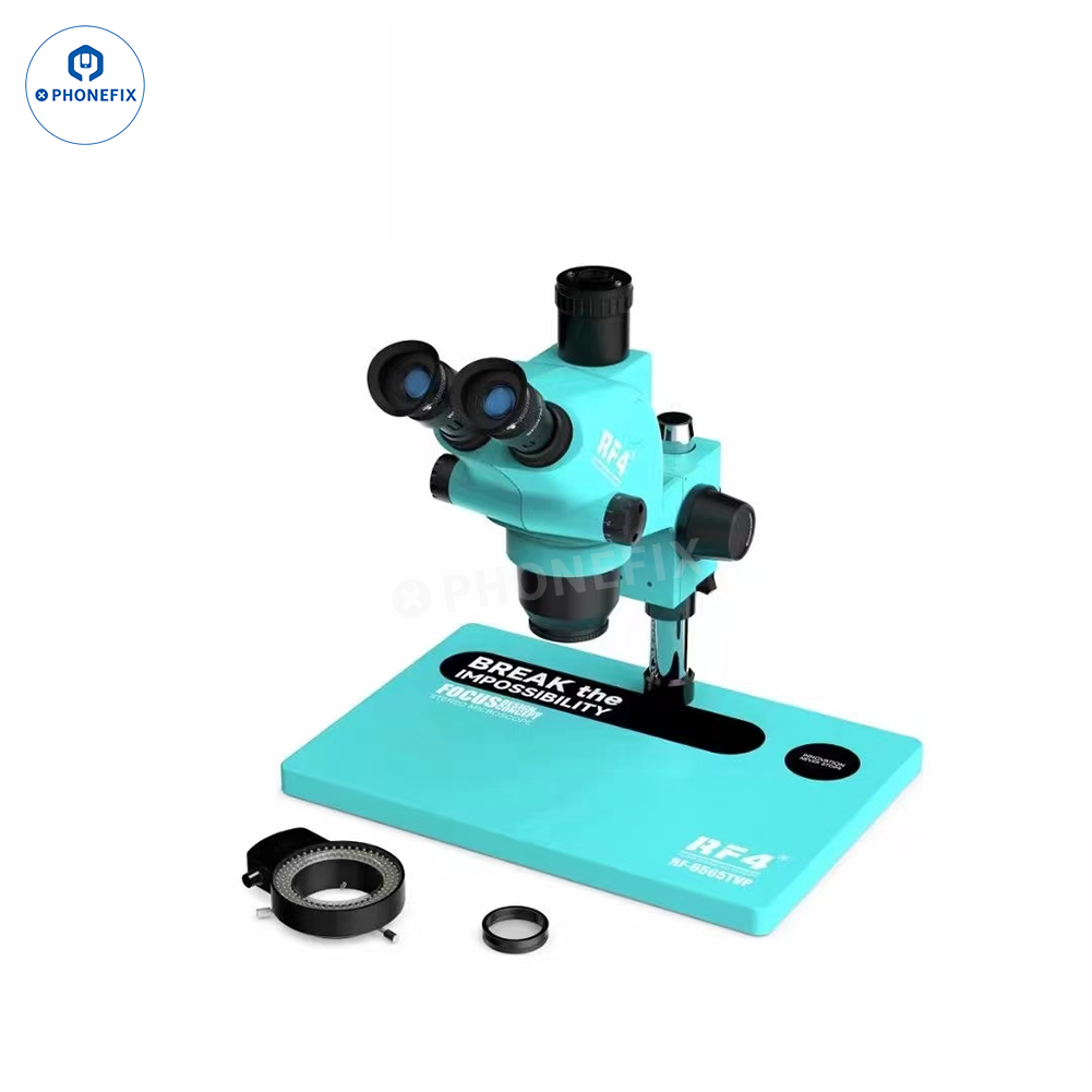 RF4 HD Trinocular Stereo Zoom Industrial Microscope by PHONEFIX for PCB repair, featuring high-definition optics and ergonomic design