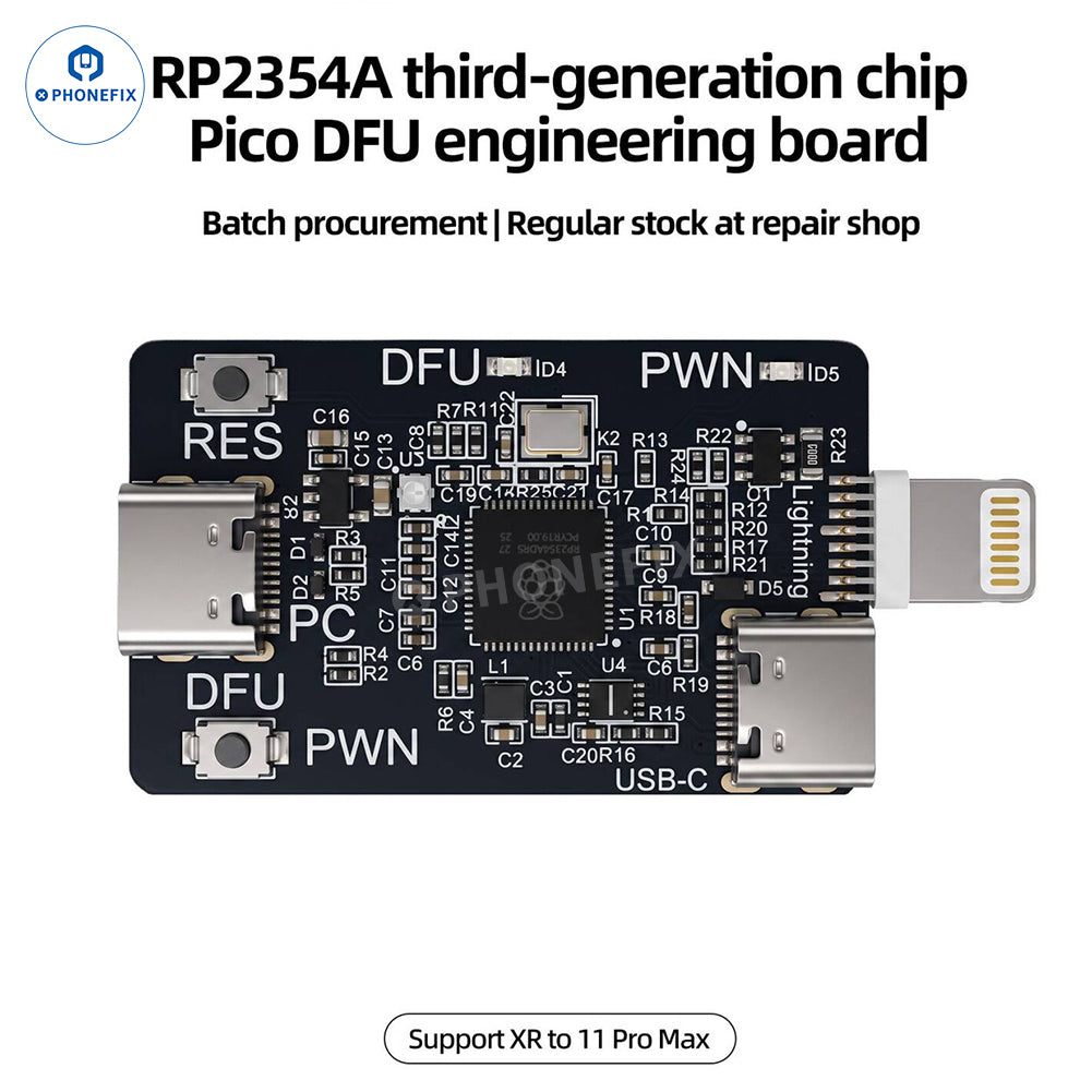 SUNSHINE RP2354A 3-Generation Pico DFU Engineering Board for phone programming, shown with connectors and circuit components.