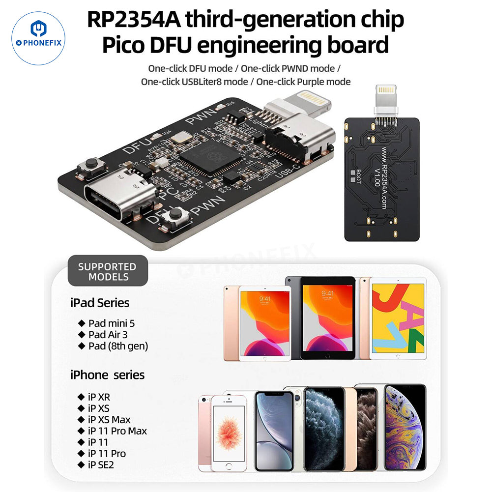 SUNSHINE RP2354A 3-Generation Pico DFU Engineering Board for PhoneFix, phone programmer with circuit components and connectors.