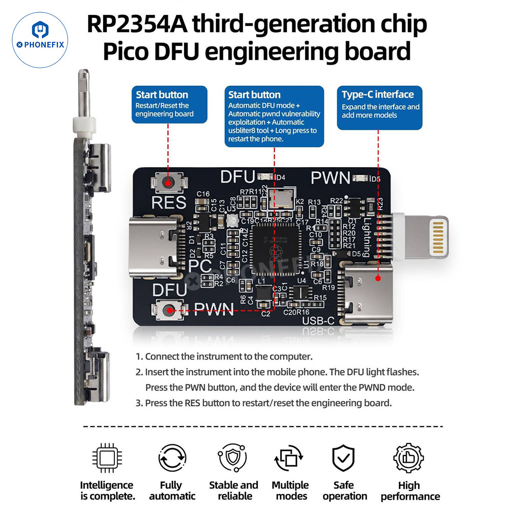Sunshine RP2354A 3-Generation Pico DFU engineering board for phone programming, featuring compact design and precise connectors.
