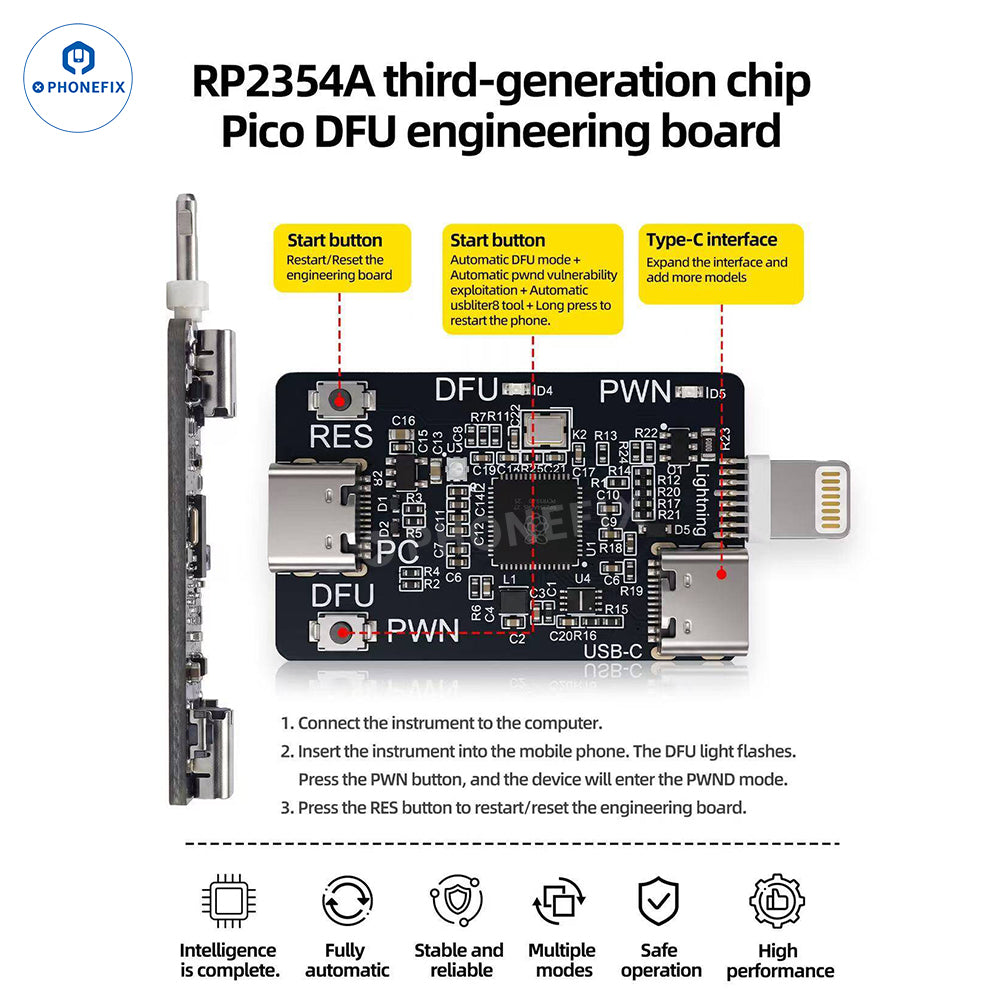 Sunshine RP2354A 3-Generation Pico DFU Phone Programmer by PHONEFIX showing the engineering board with components and connectors.