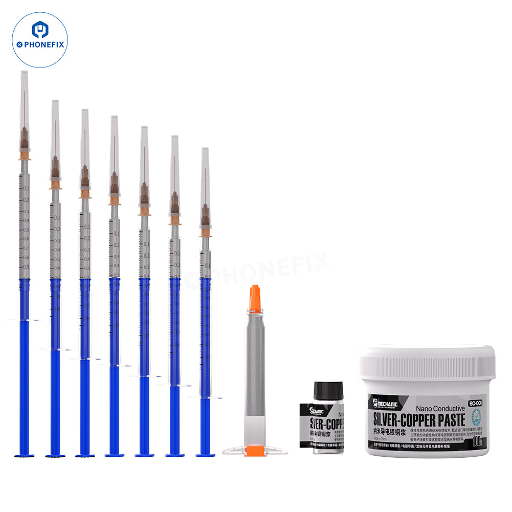 Nano conductive silver-copper solder paste for PCB circuit repair, PhoneFix SC-001, showing the silver-copper paste applied on a circuit board.