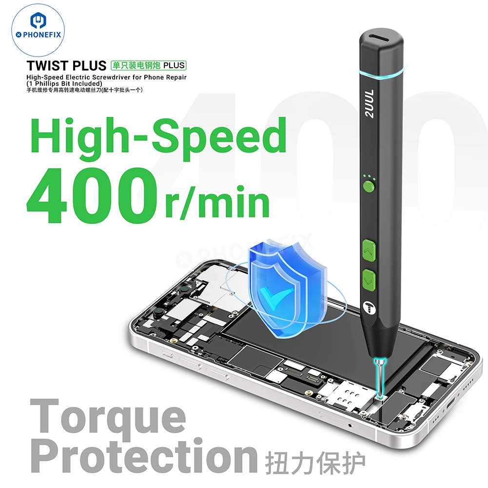 PHONEFIX 2UUL TWIST PLUS high-speed electric screwdriver for mobile repair, featuring ergonomic grip and precision bits.