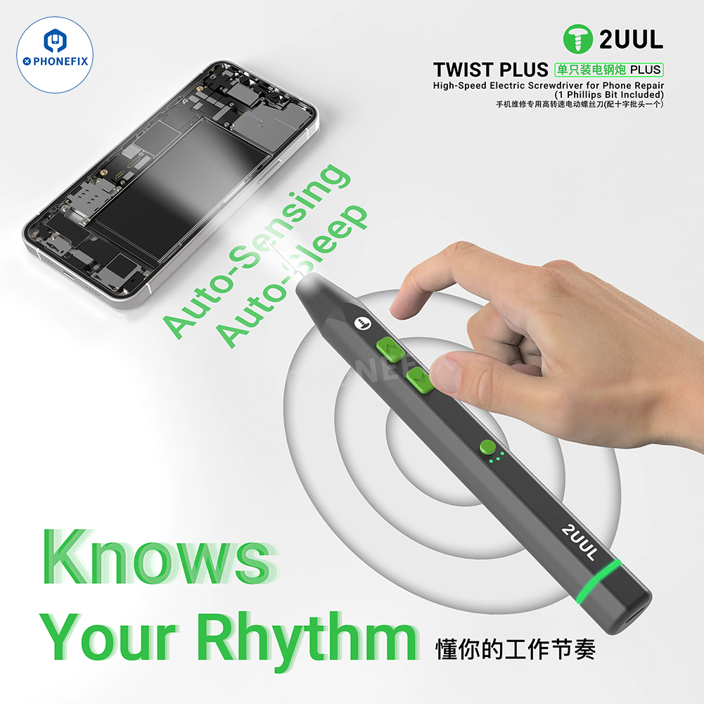 PHONEFIX 2UUL TWIST PLUS high-speed electric screwdriver for mobile repair, showcasing precision screwdriver tool in use.