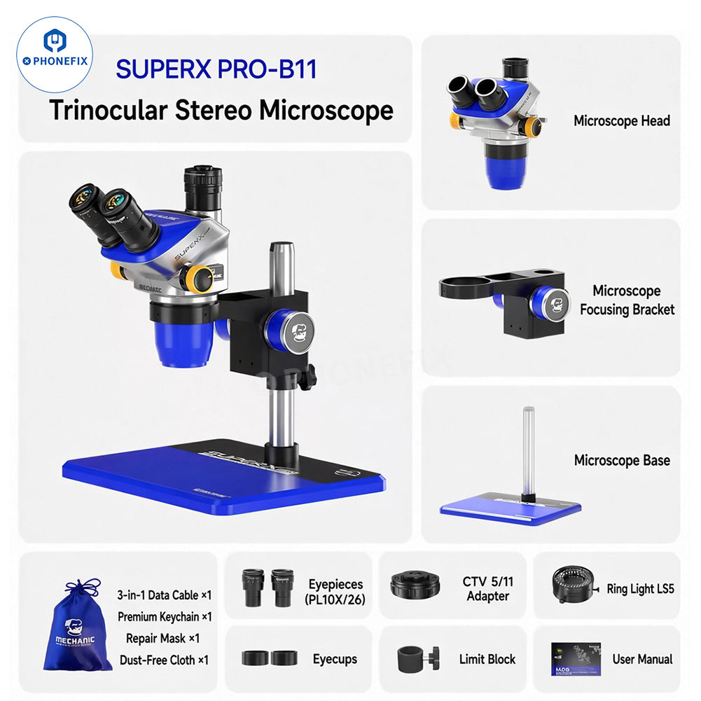 Super X Pro 6.5X-55X Trinocular Stereo Microscope Mechanic