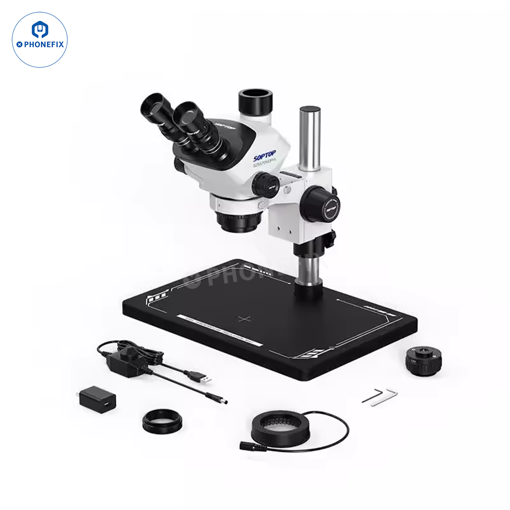 SOPTOP 7-60X Ultra Trinocular Stereo Microscope with 4K camera and electric illumination, used for detailed microscopic inspection.