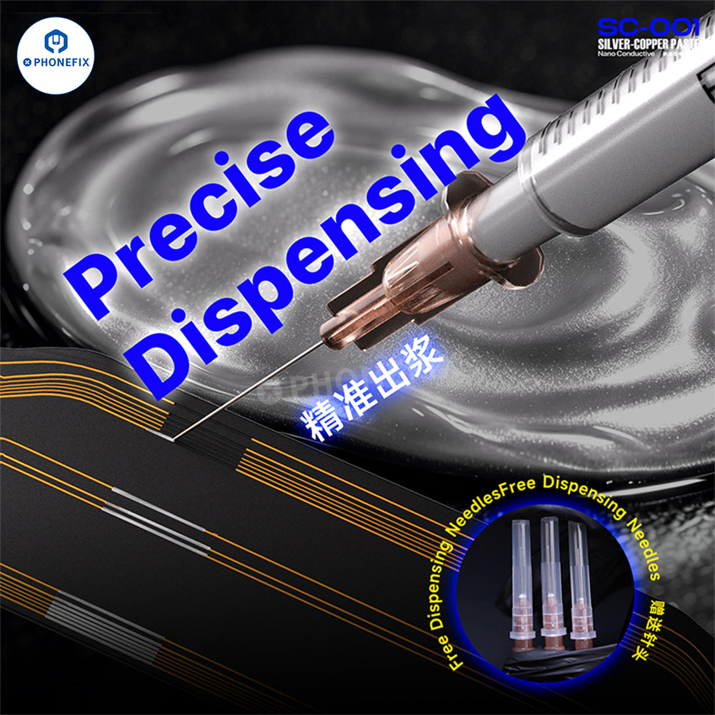 Close-up of PHONEFIX MECHANIC SC-001 Nano Conductive Silver-Copper Solder Paste applied to PCB circuit repair area.