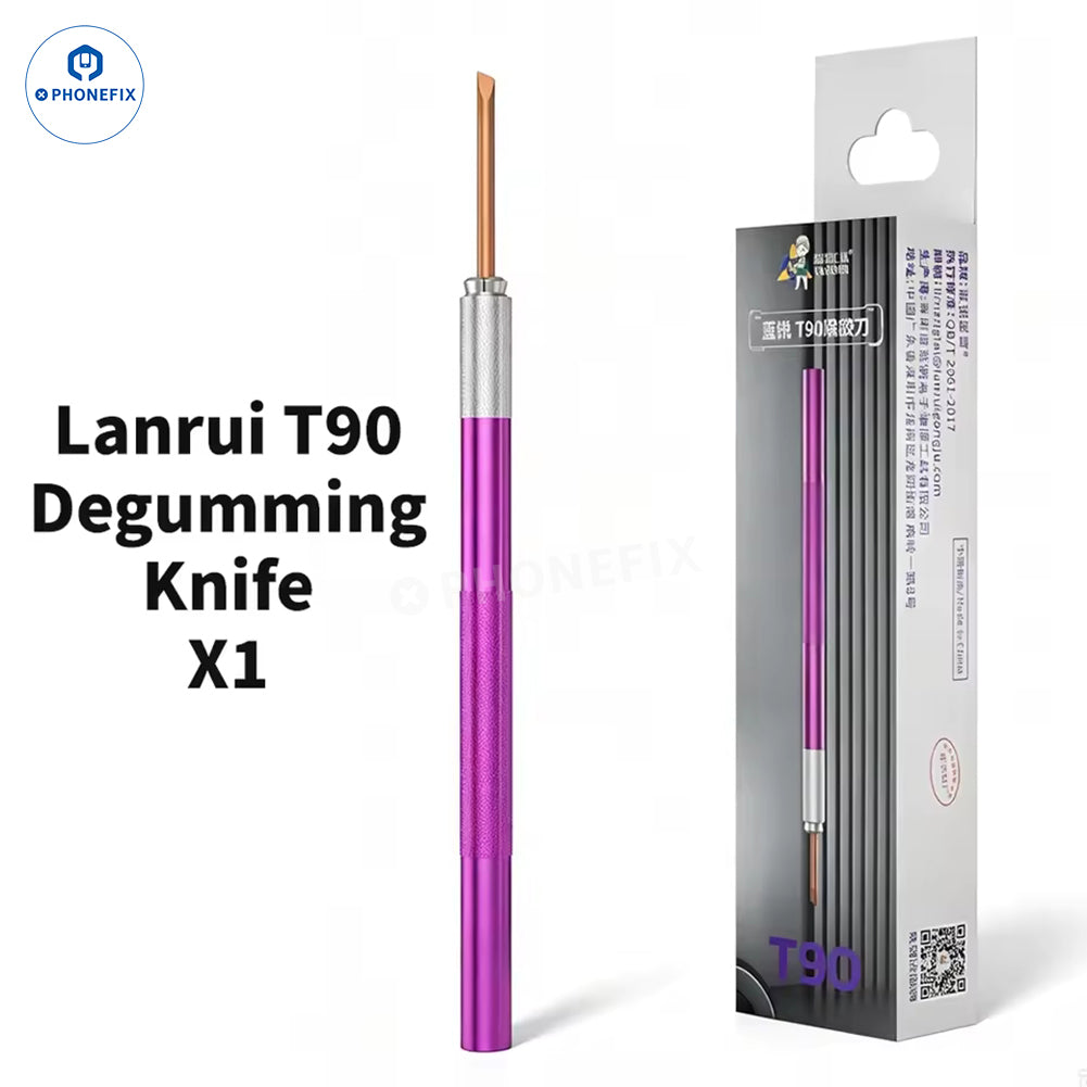 LANRUI T90 degumming knife set from PHONEFIX for phone PCB and CPU IC glue removal, featuring precision blades and tweezers tools.