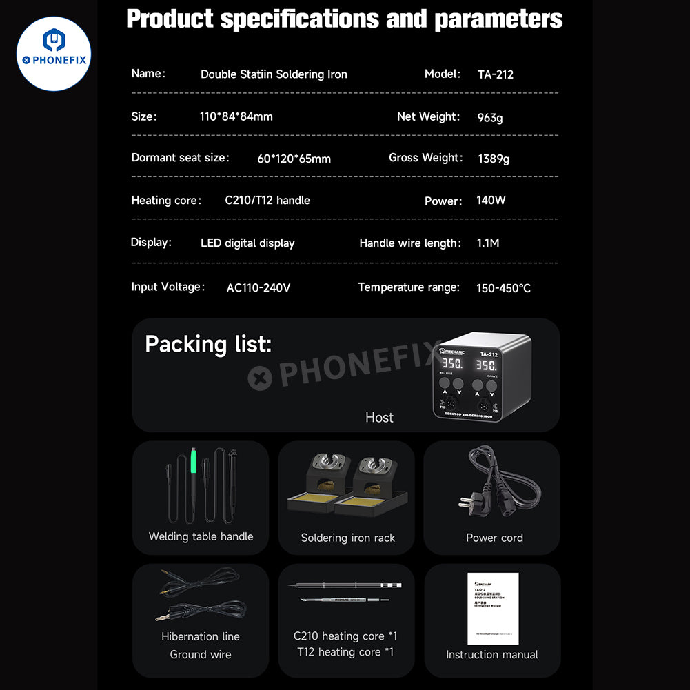 MECHANIC TA-212 Dual Soldering Station with T12 T210 Handle