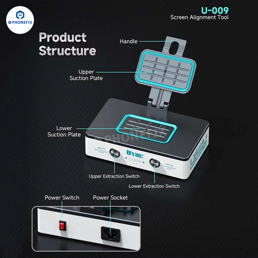LCD OCA bonding and alignment machine for phone screen repair, used with PHONEFIX screen repair tools.