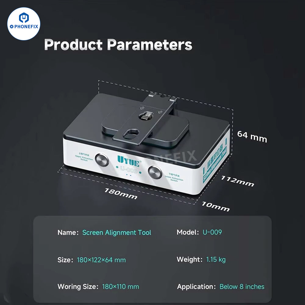 PhoneFIX LCD OCA bonding and alignment machine used for phone screen repair, featuring precise controls and calibration tools.