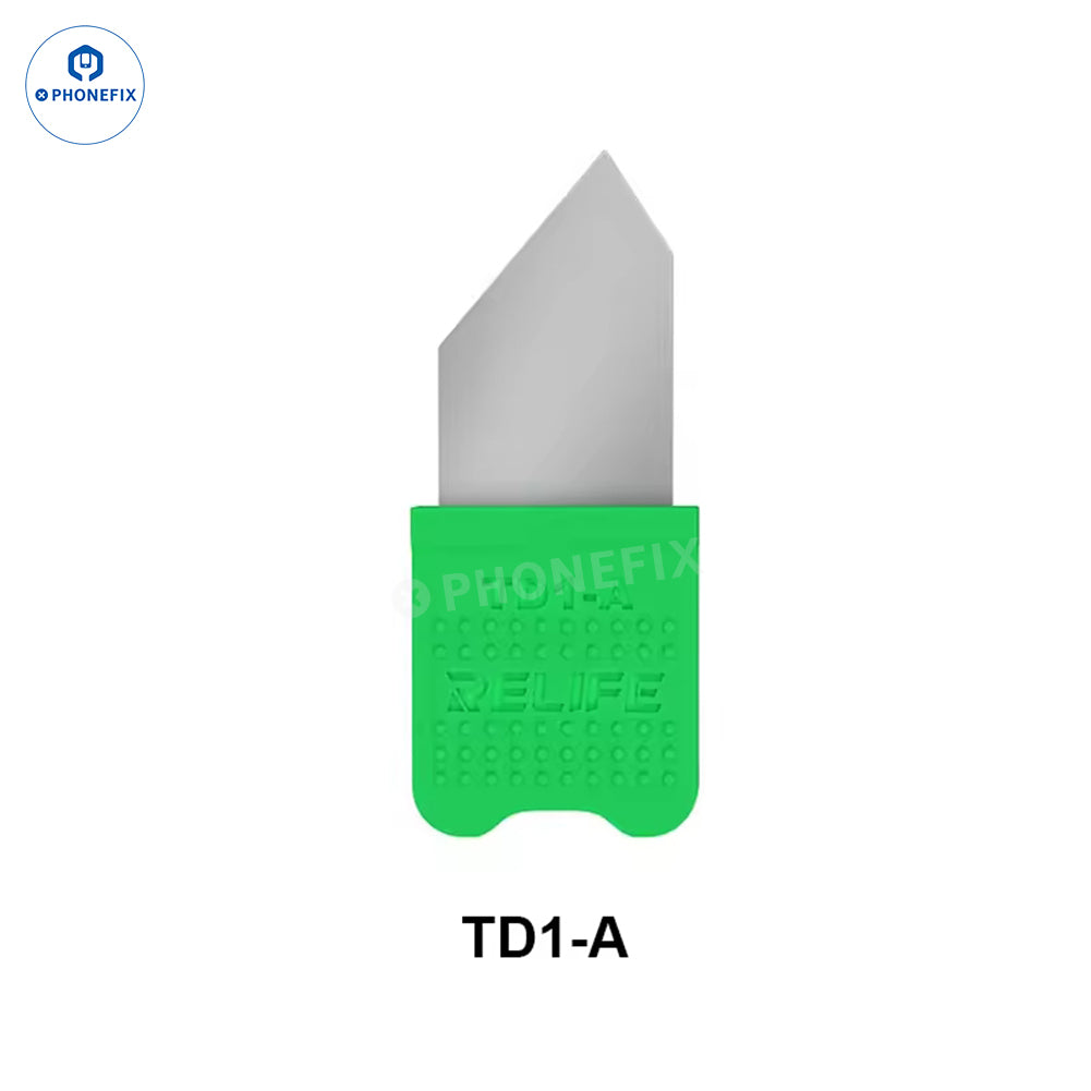 RELIFE TD1 Pro LCD screen prying opening blade set by PHONEFIX, includes tweezers and knife tools for phone and tablet repair.