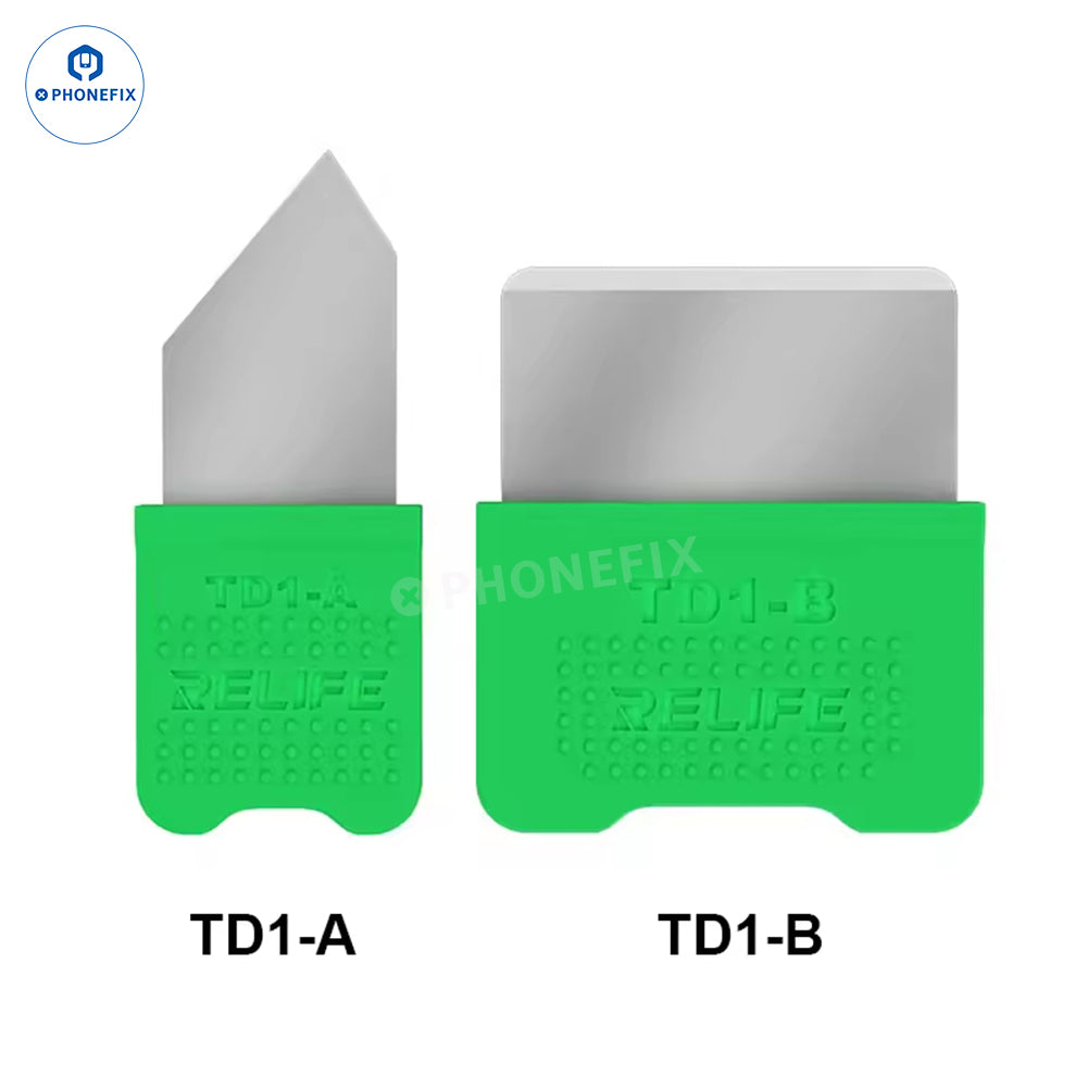RELIFE TD1 Pro LCD screen prying opening blade set for phones and tablets, featuring precision tweezers and knife tools by PHONEFIX.