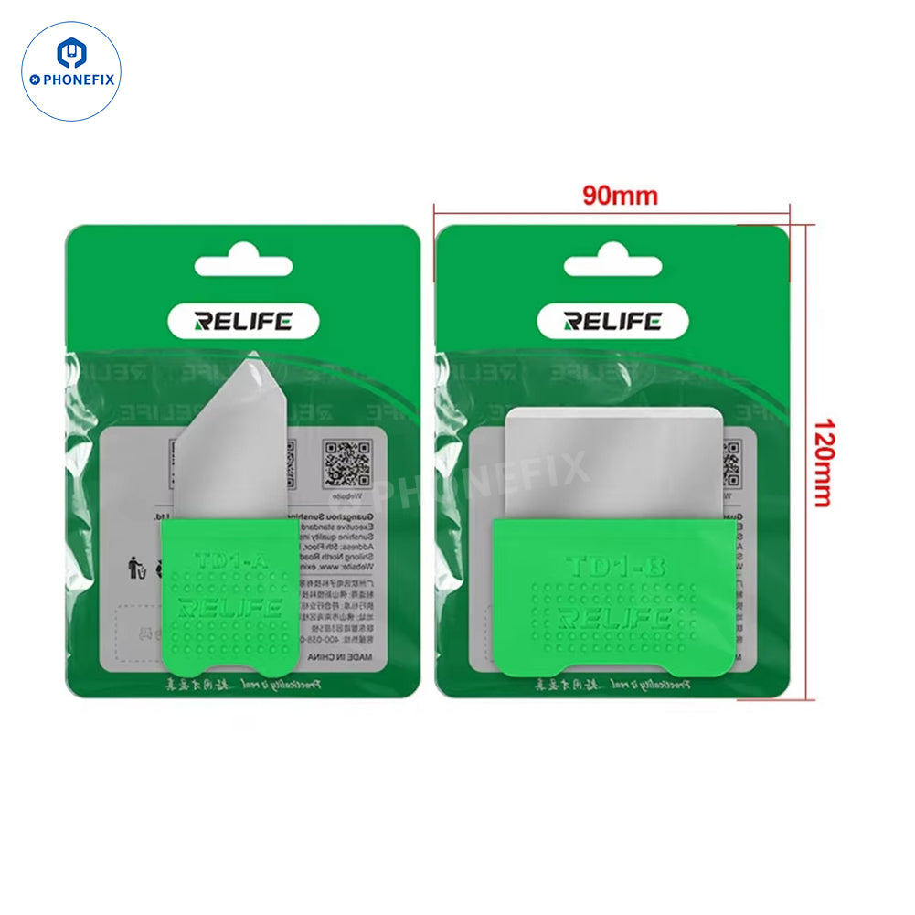 RELIFE TD1 Pro LCD screen prying opening blade set from PHONEFIX, including tweezers and knife tools for phone and tablet repair.