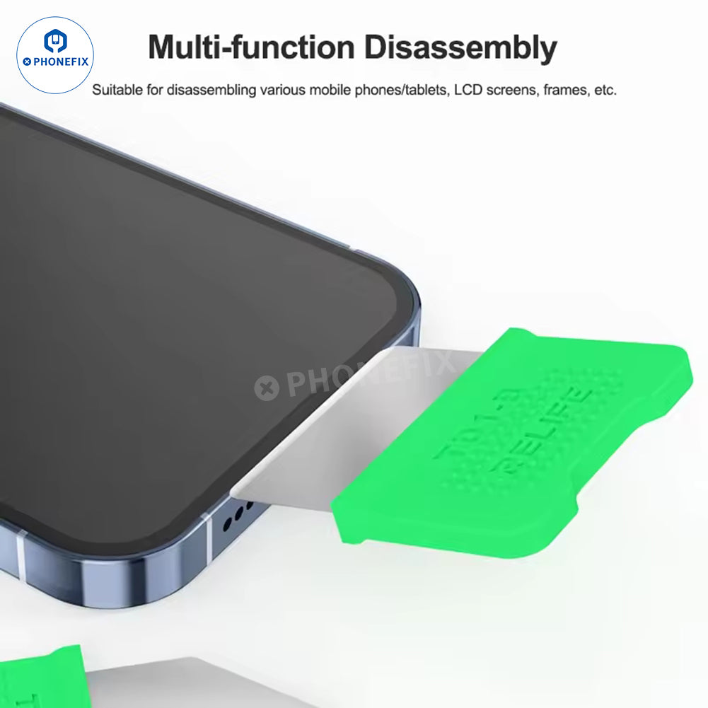 RELIFE TD1 Pro LCD screen prying opening blade set with tweezers for phone and tablet repair by PHONEFIX, shown on white background.