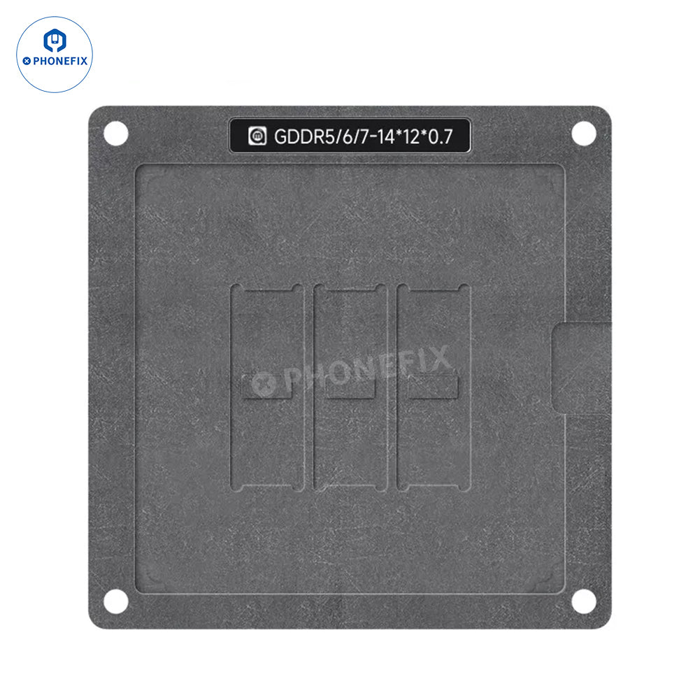 Universal alignment plate for GDDR5, GDDR6, GDDR7 BGA reballing platform by PHONEFIX with stencils for precise chip rework.