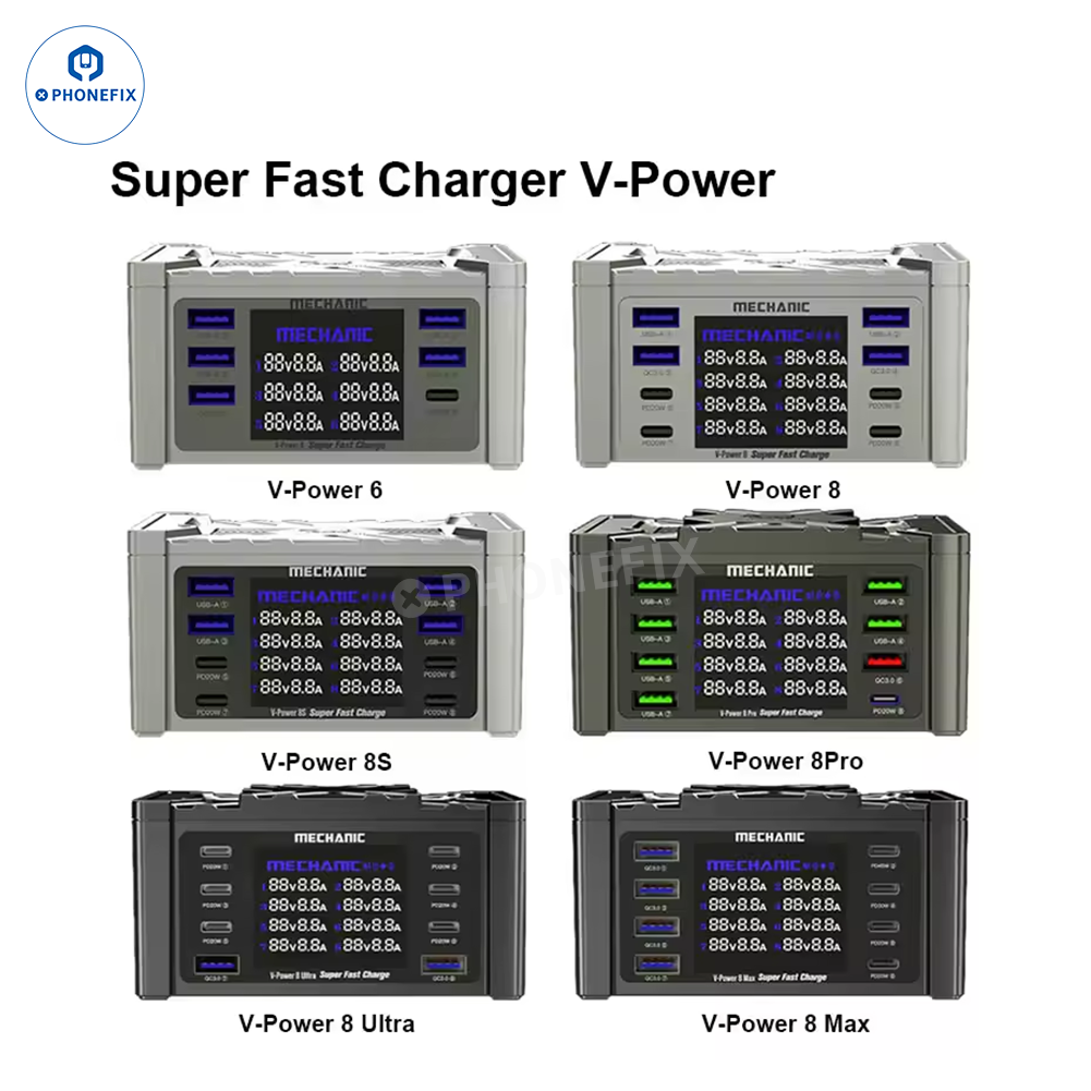 Cargador superrápido mecánico V-Power 6, 8 y 8S para iPhone, iPad y relojes.