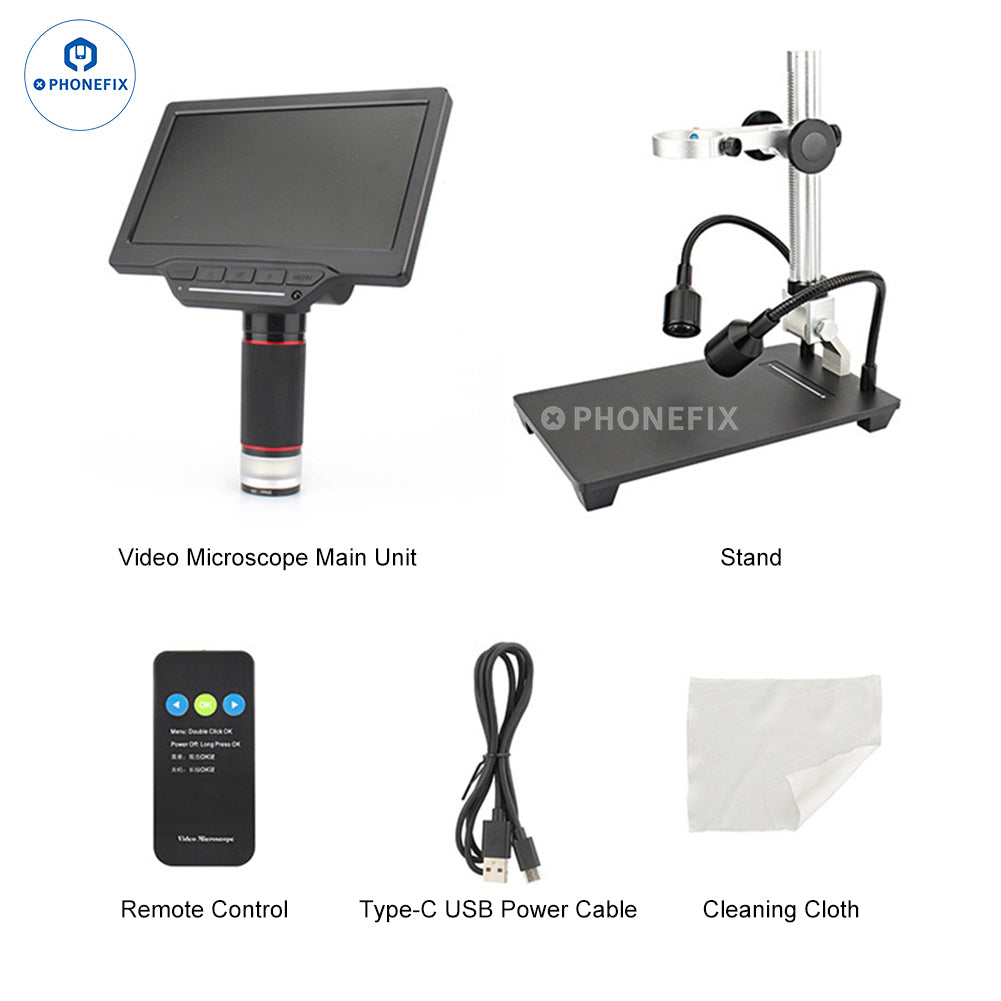 PHONEFIX 1000X digital microscope with 7-inch HD LCD screen, ideal for soldering and repair inspection.