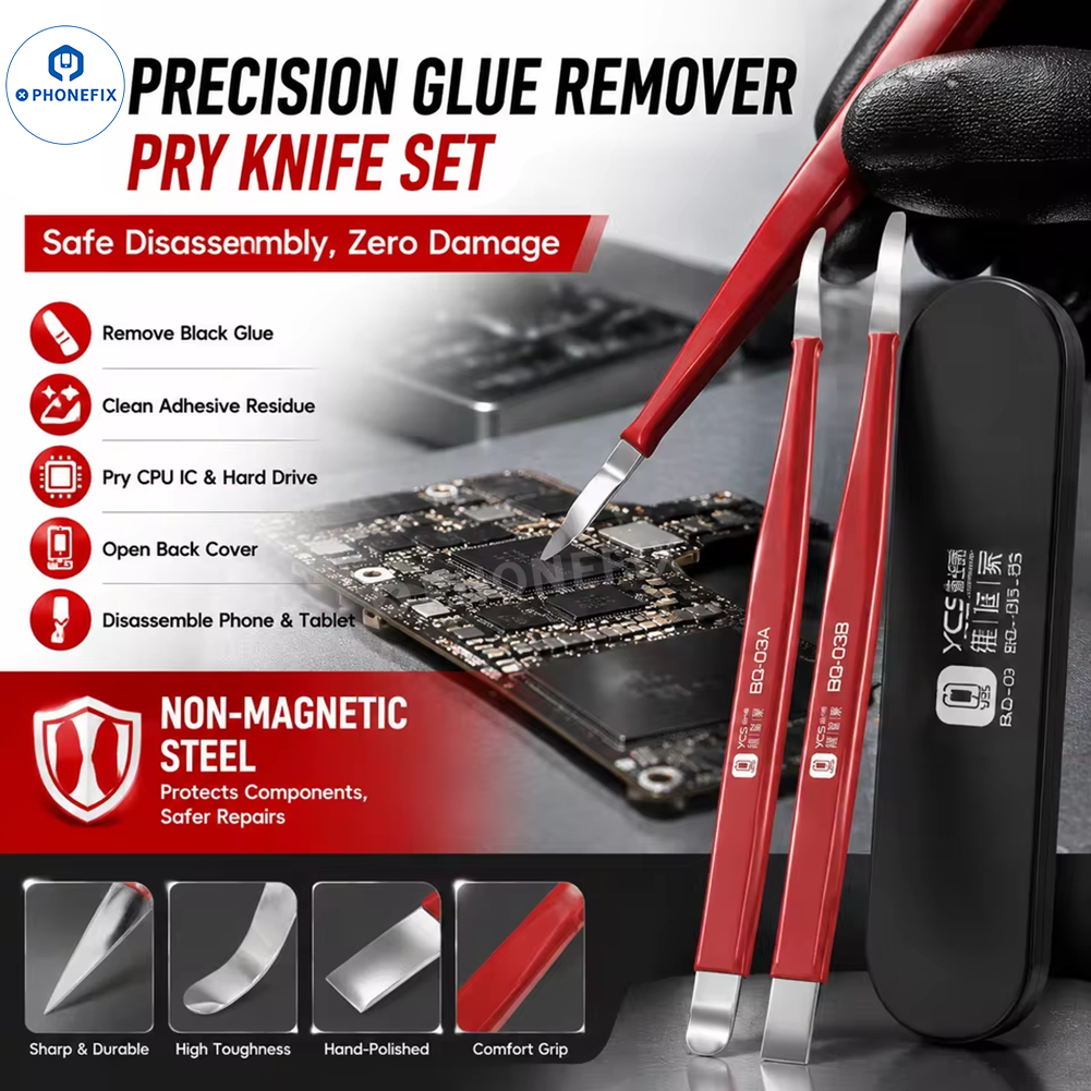 YCS BQ-03 two-piece non-magnetic glue removal pry tool set for electronics, designed for precise, safe removal of adhesives.